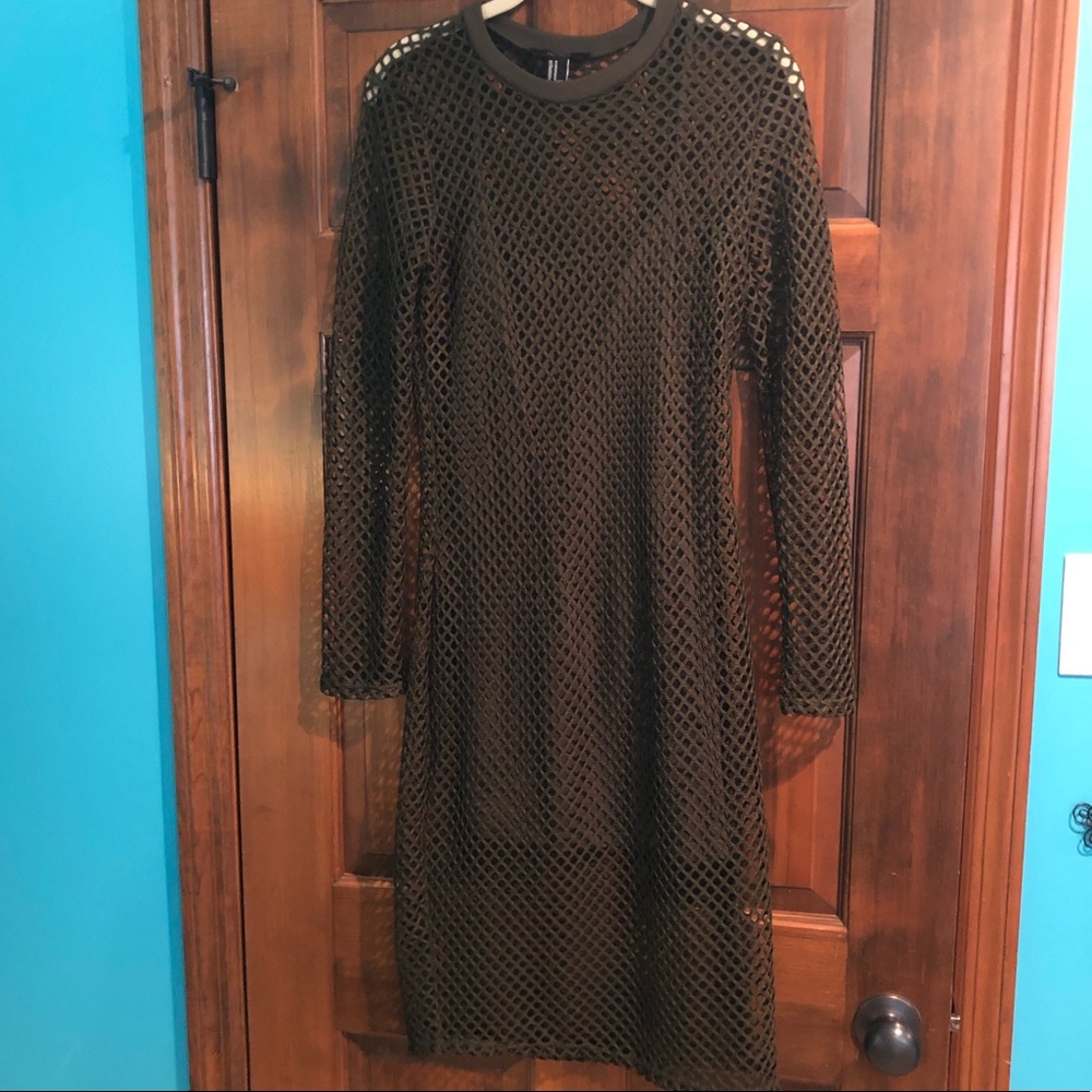 Olive Green Mesh Overlay Midi Dress